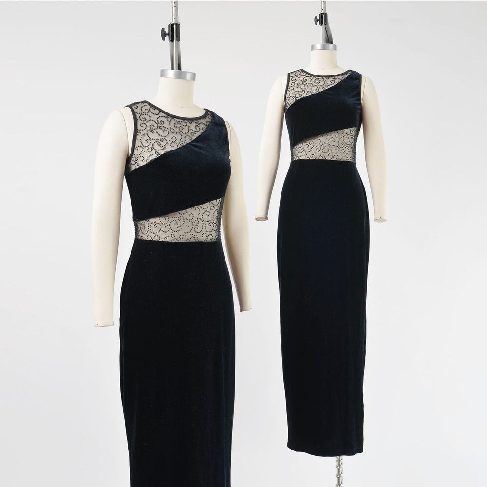 Vintage 90s Black Velvet Sheer Mesh Cutout Bodycon Goth Evening Dress XS S